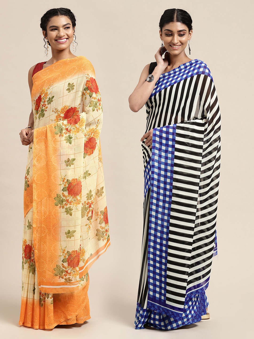 

KALINI Pack of 2 Printed Sarees, Cream