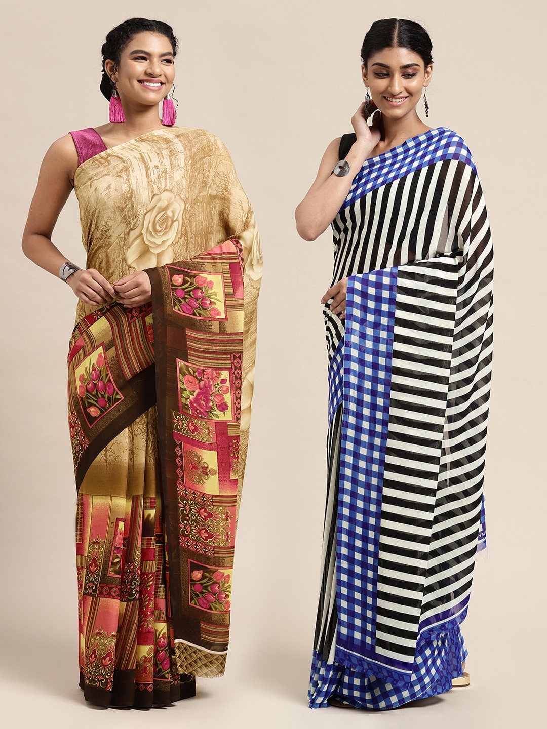 

KALINI Pack of 2 Printed Sarees, Beige