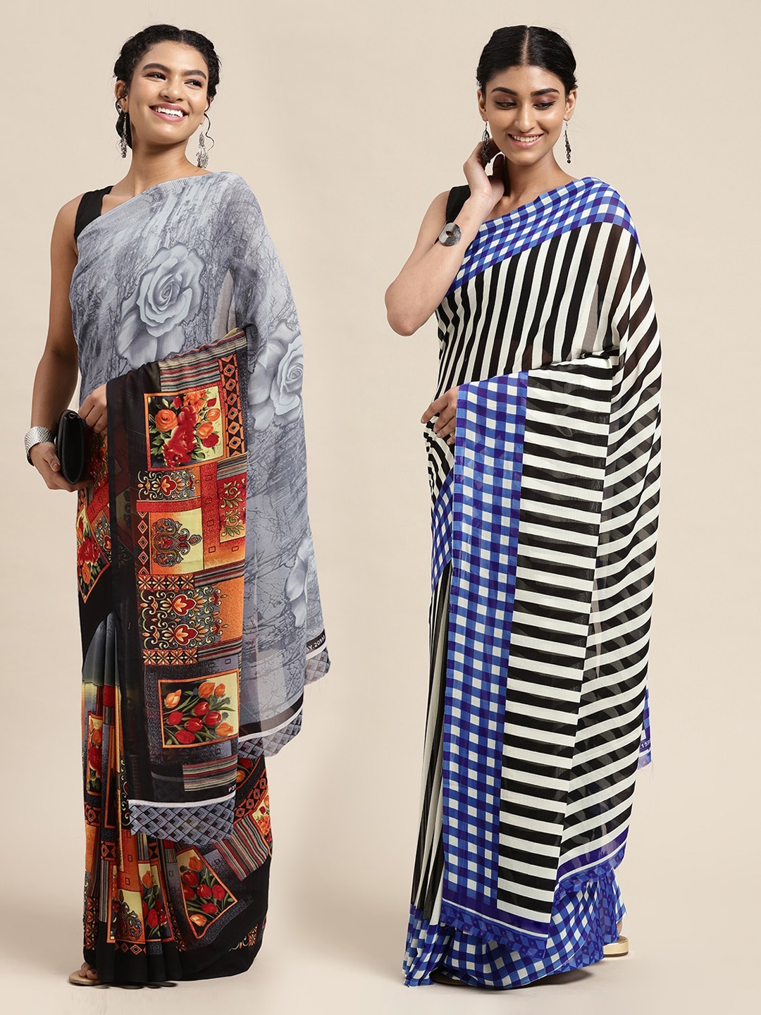 

KALINI Pack Of 2 Printed Poly Georgette Sarees, Grey