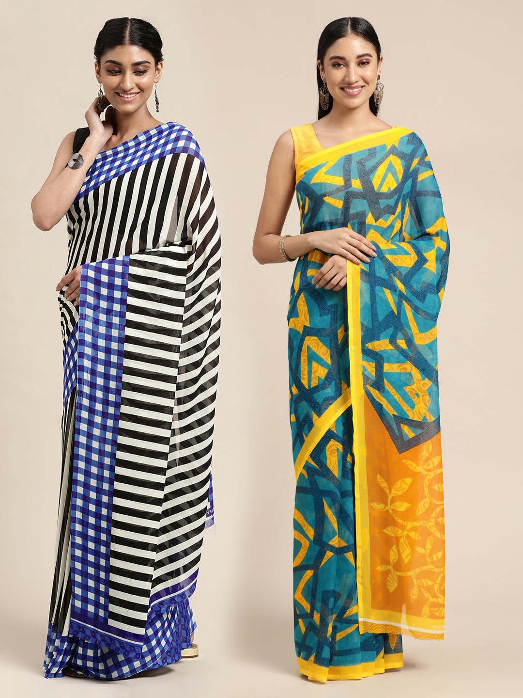 

KALINI Pack of 2 Blue & Yellow Saree