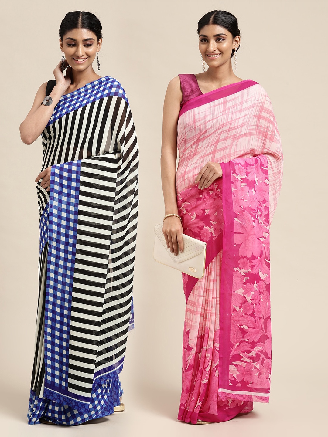 

KALINI Black & Pink Set of 2 Poly Georgette Sarees