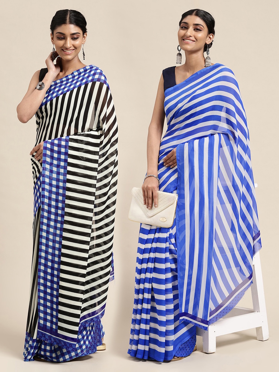 

KALINI Pack of 2 Stripes Printed Saree, White
