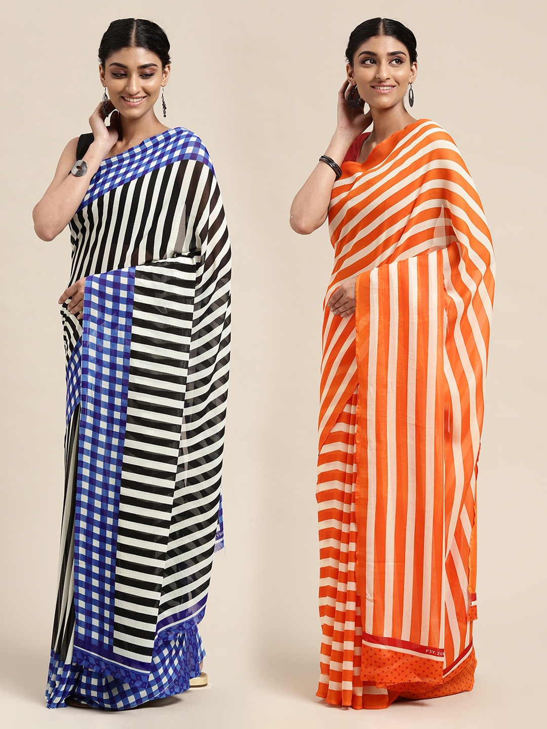 

KALINI Pack of 2 Printed Sarees, White