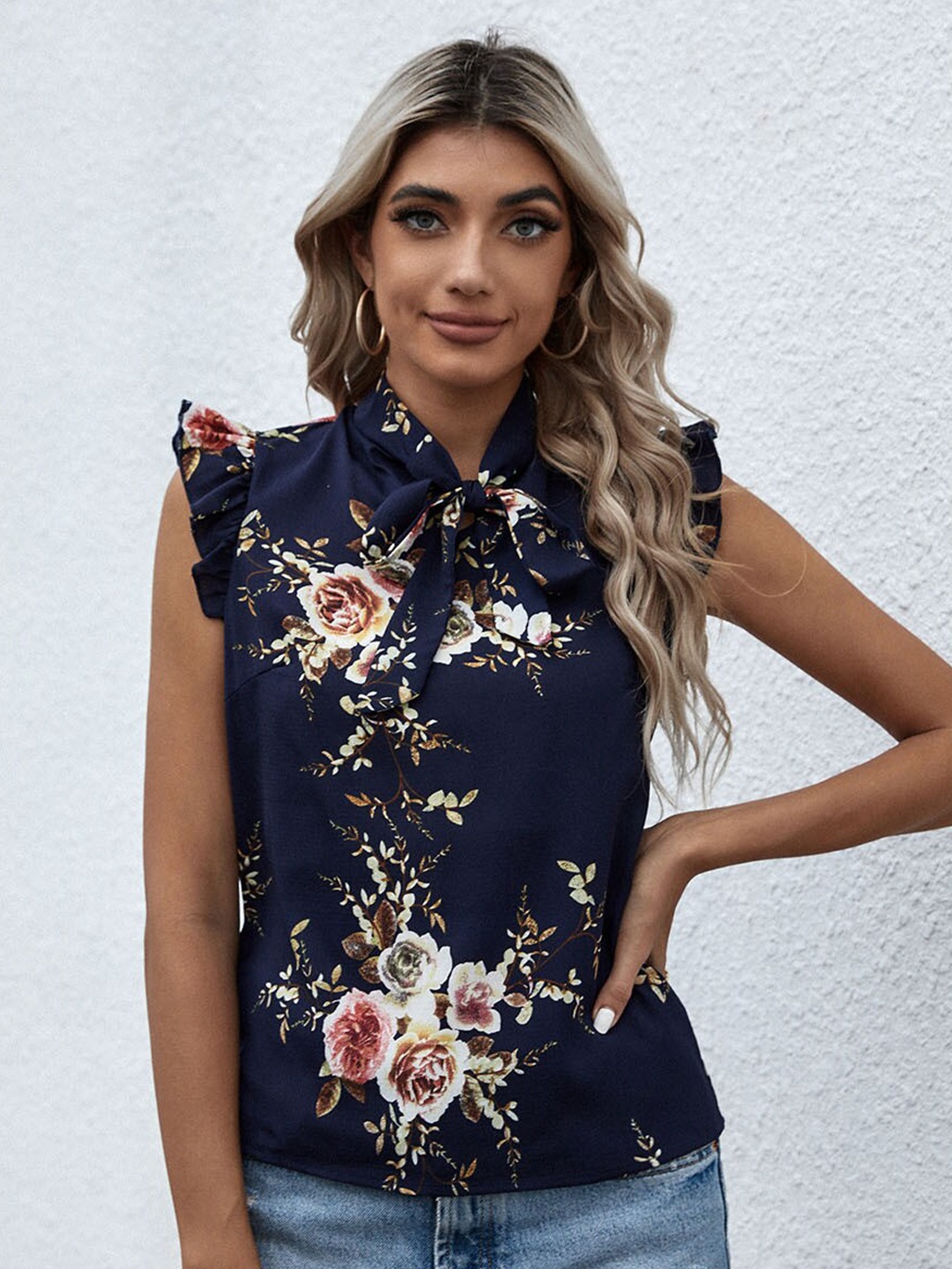 

BoStreet Navy Blue Floral Print Top