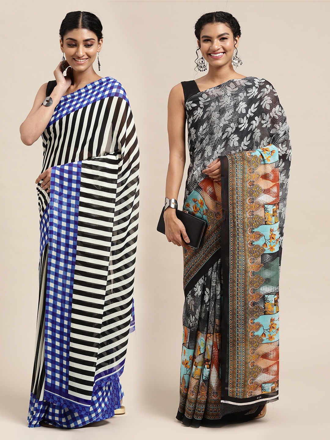 

KALINI Pack of 2 Blue & Black Saree