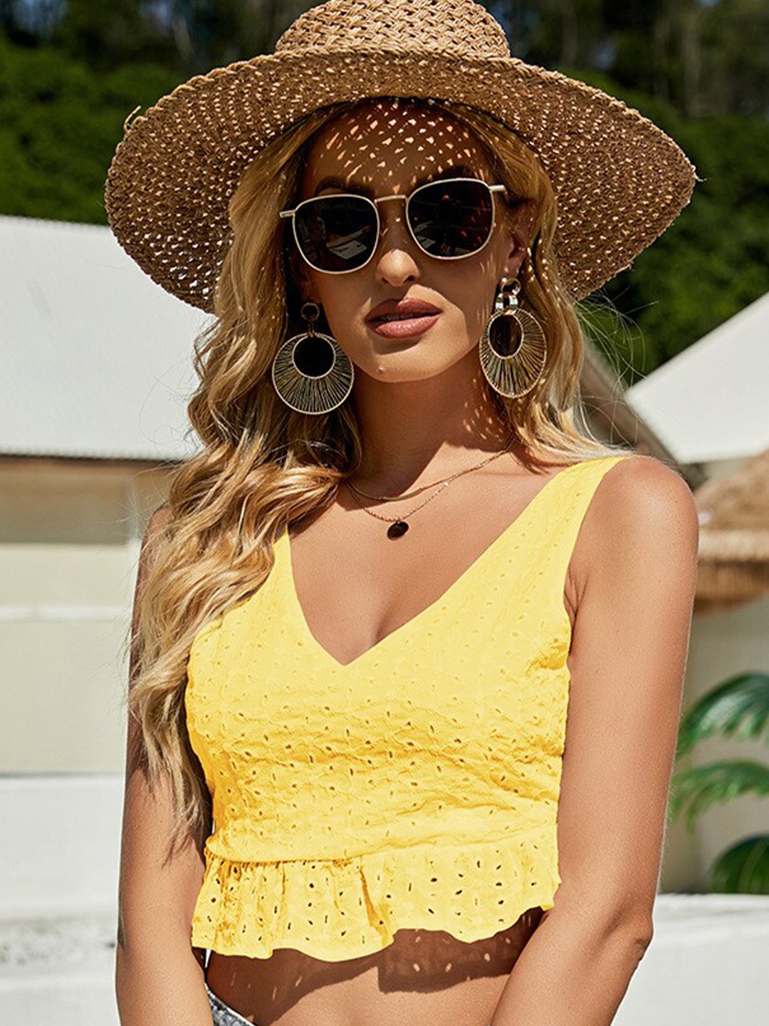 

BoStreet Women Yellow Self Design Styled Back Crop Top