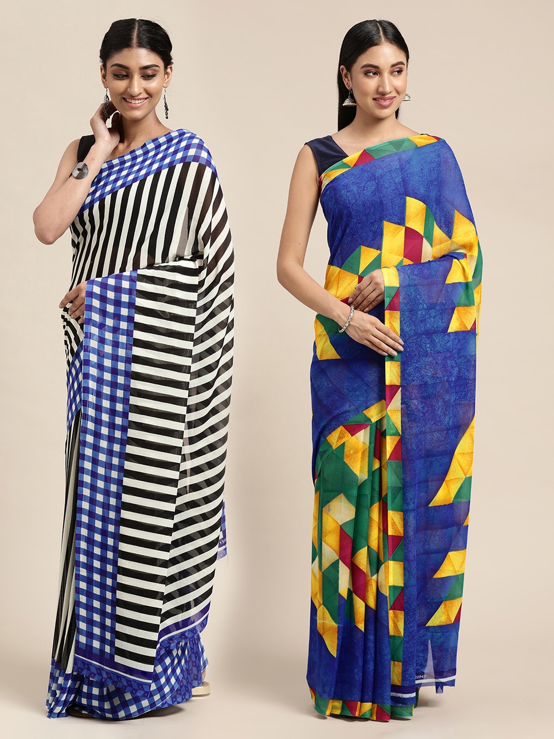 

KALINI Pack of 2 Striped Sarees, Blue