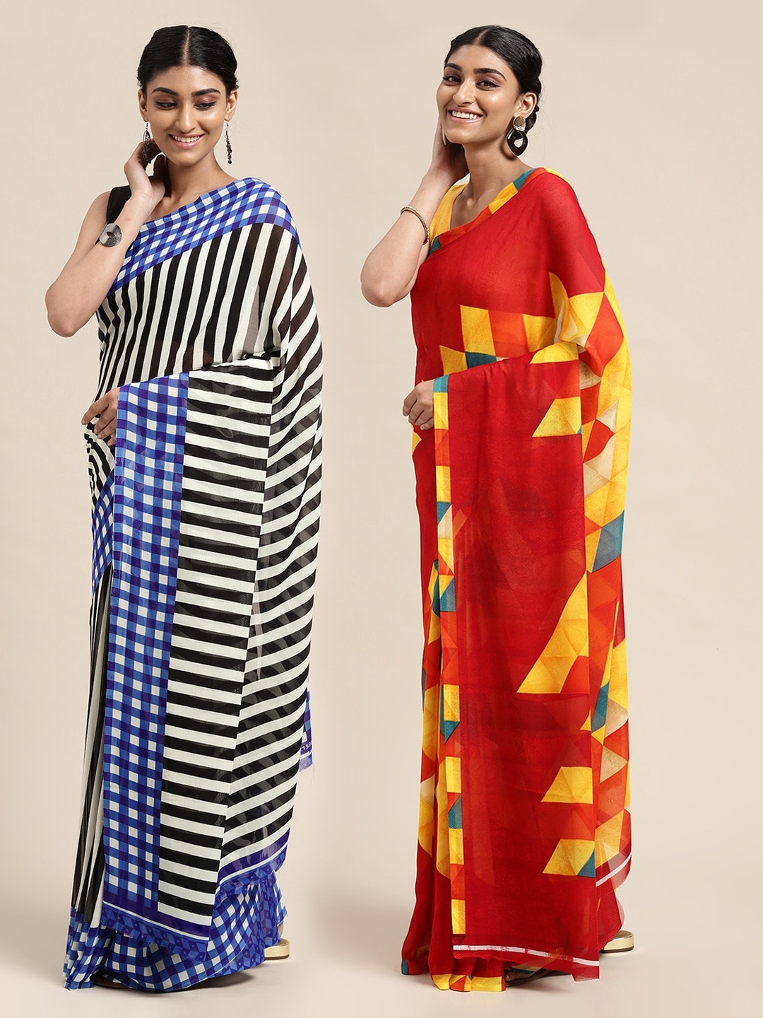 

KALINI Pack of 2 Geometric Print Sarees, Red