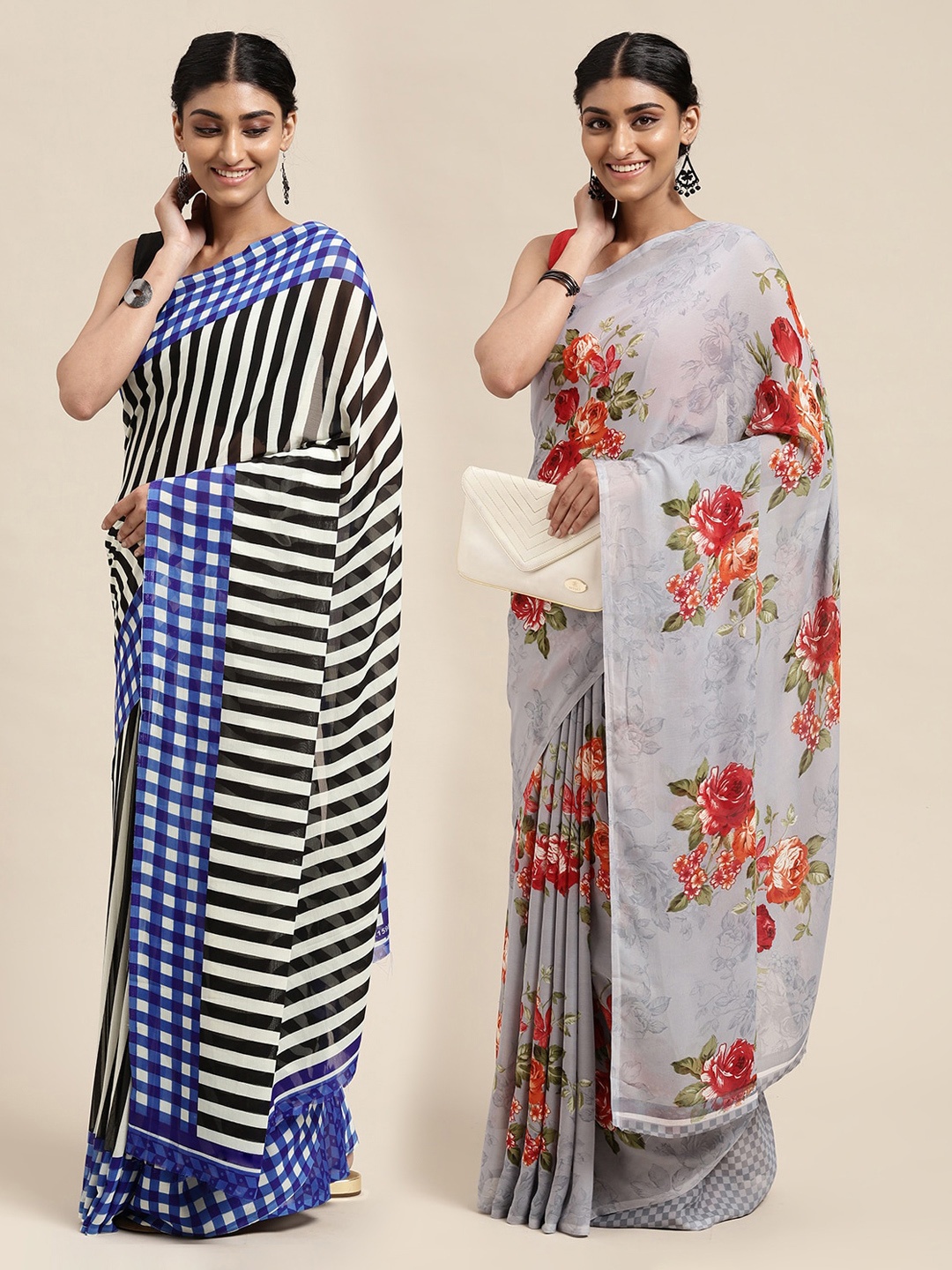 

KALINI Pack of 2 Printed Sarees, Grey