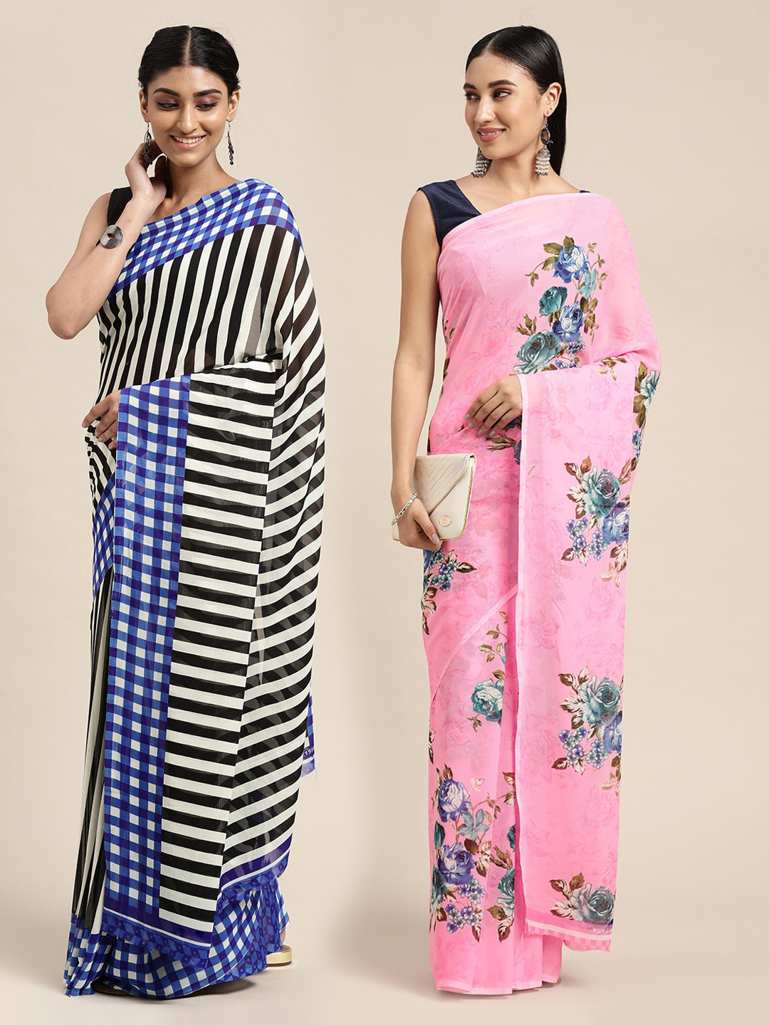 

KALINI Pack Of 2 Printed Poly Georgette Sarees, Pink