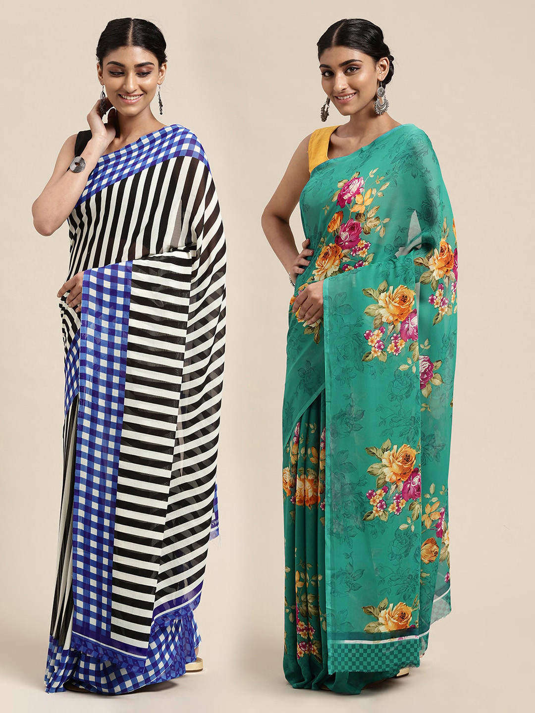 

KALINI Pack of 2 Blue & Sea Green Saree