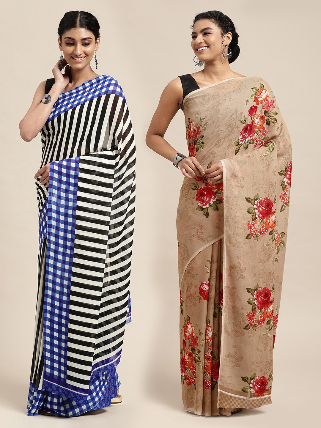 

KALINI Beige & Black Set of 2 Poly Georgette Sarees