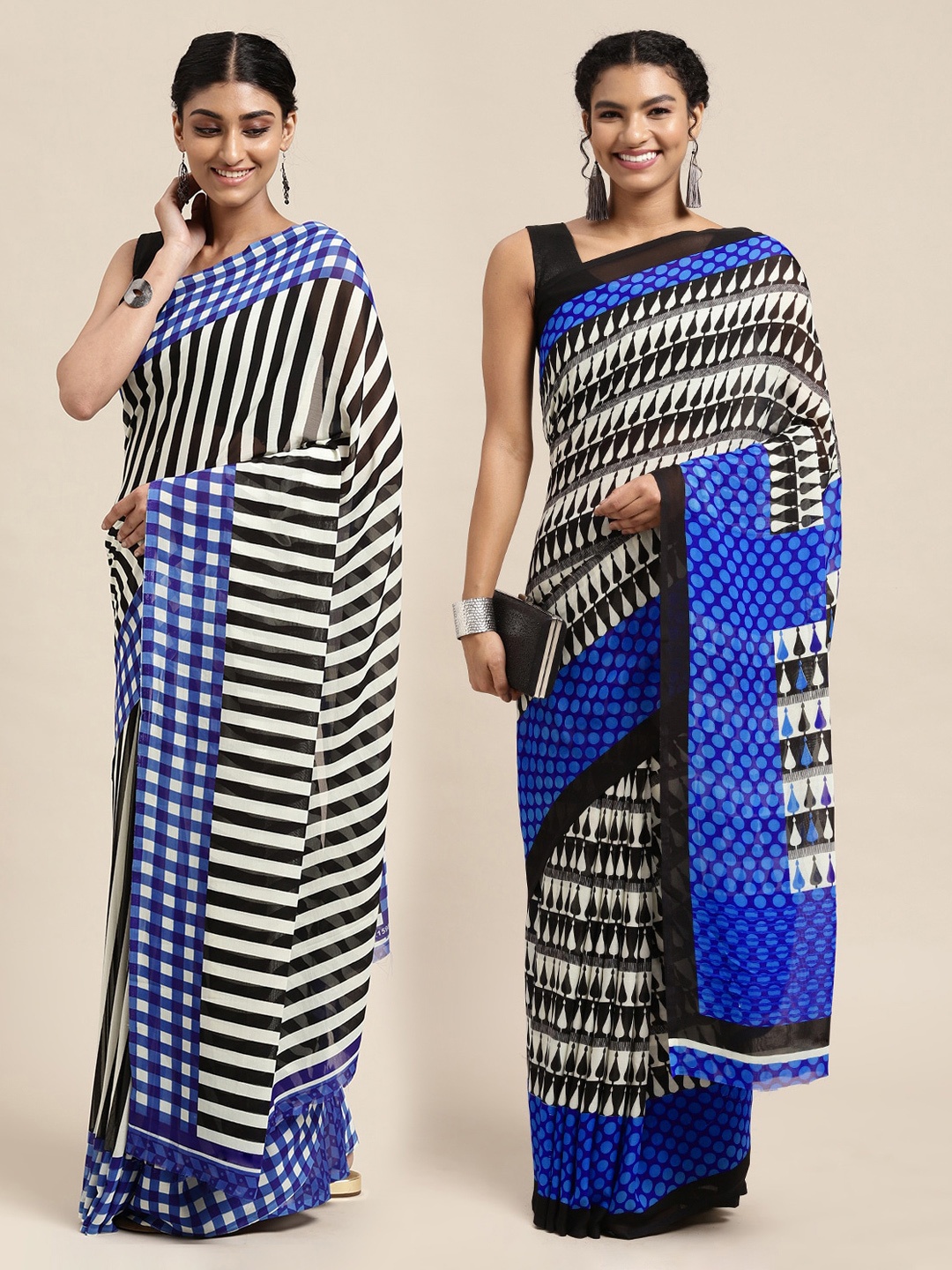 

KALINI Pack of 2 Striped Sarees, Black
