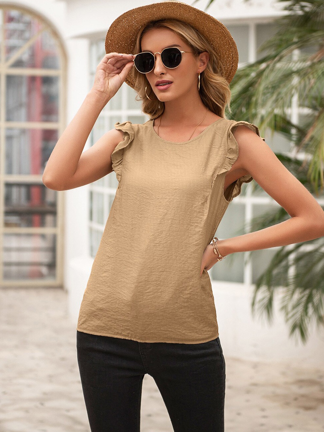 

StyleCast Women Brown Solid Round Neck Top
