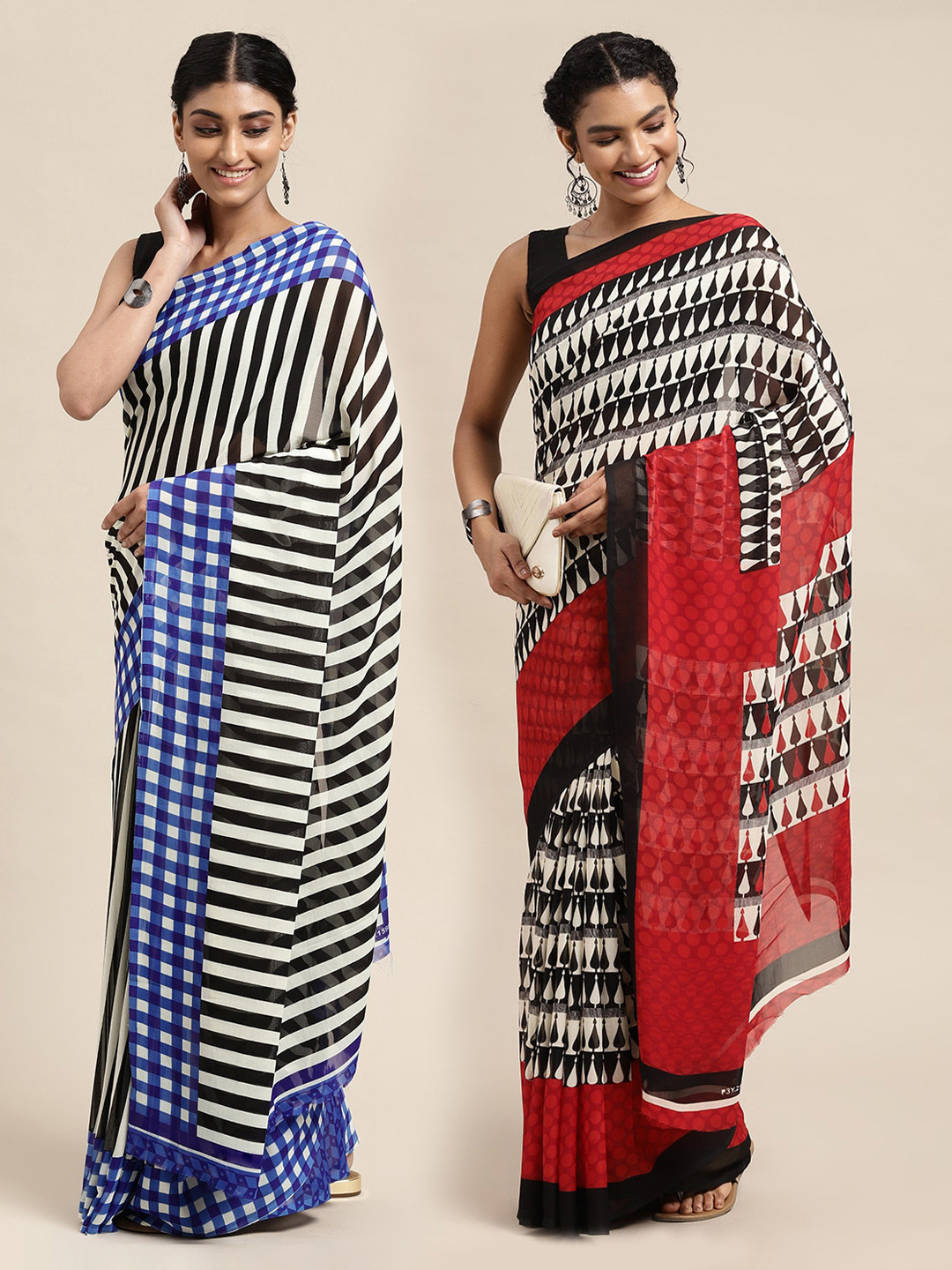 

KALINI Pack of 2 Ethnic Motifs Print Sarees, Black