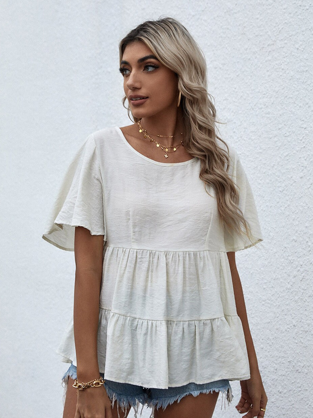

BoStreet Women White Solid Tiered Top