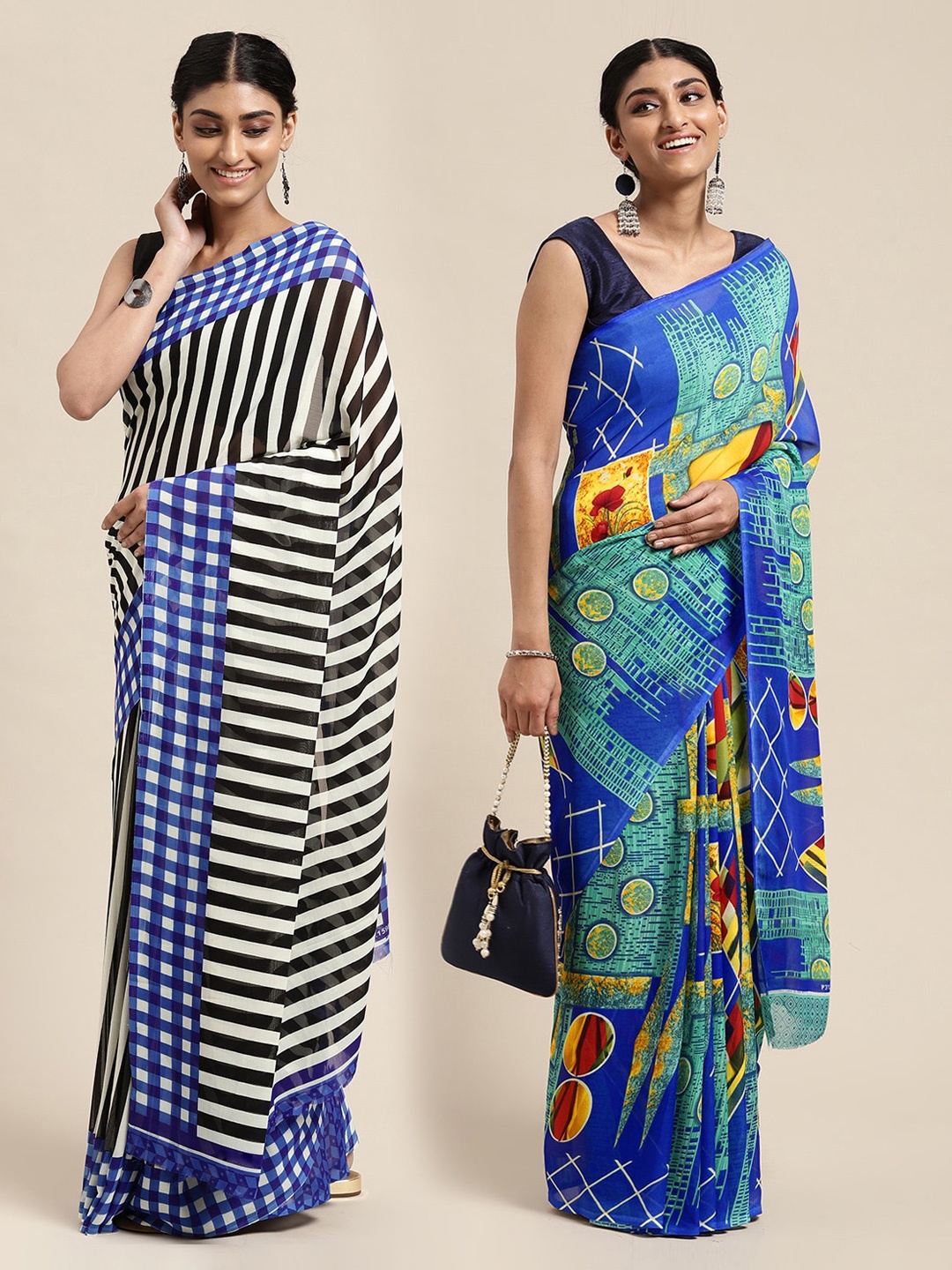 

KALINI Pack Of 2 Printed Poly Georgette Sarees, Sea green