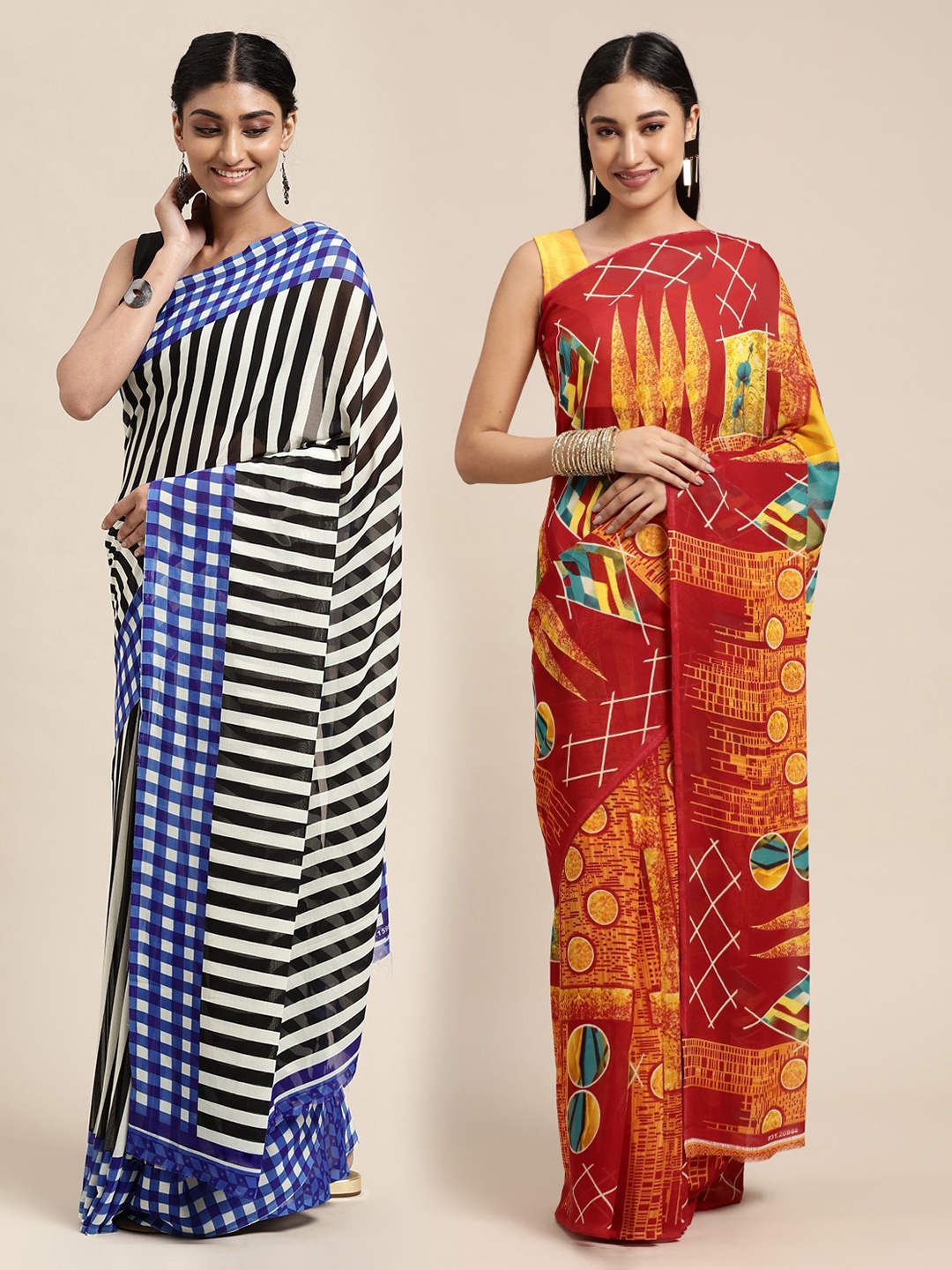 

KALINI Pack of 2 Blue & Maroon Saree