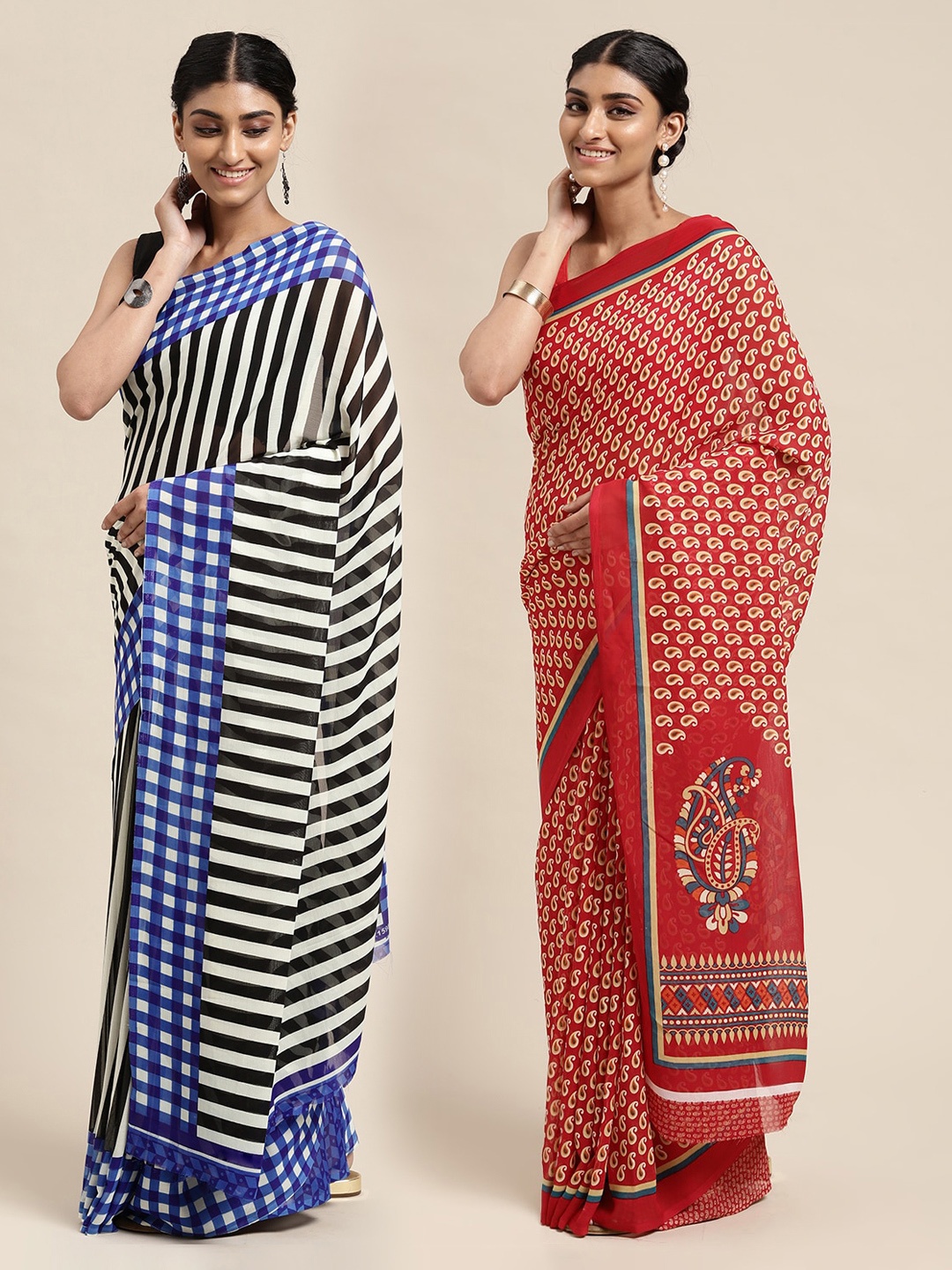 

KALINI Black & Red Set of 2 Poly Georgette Sarees