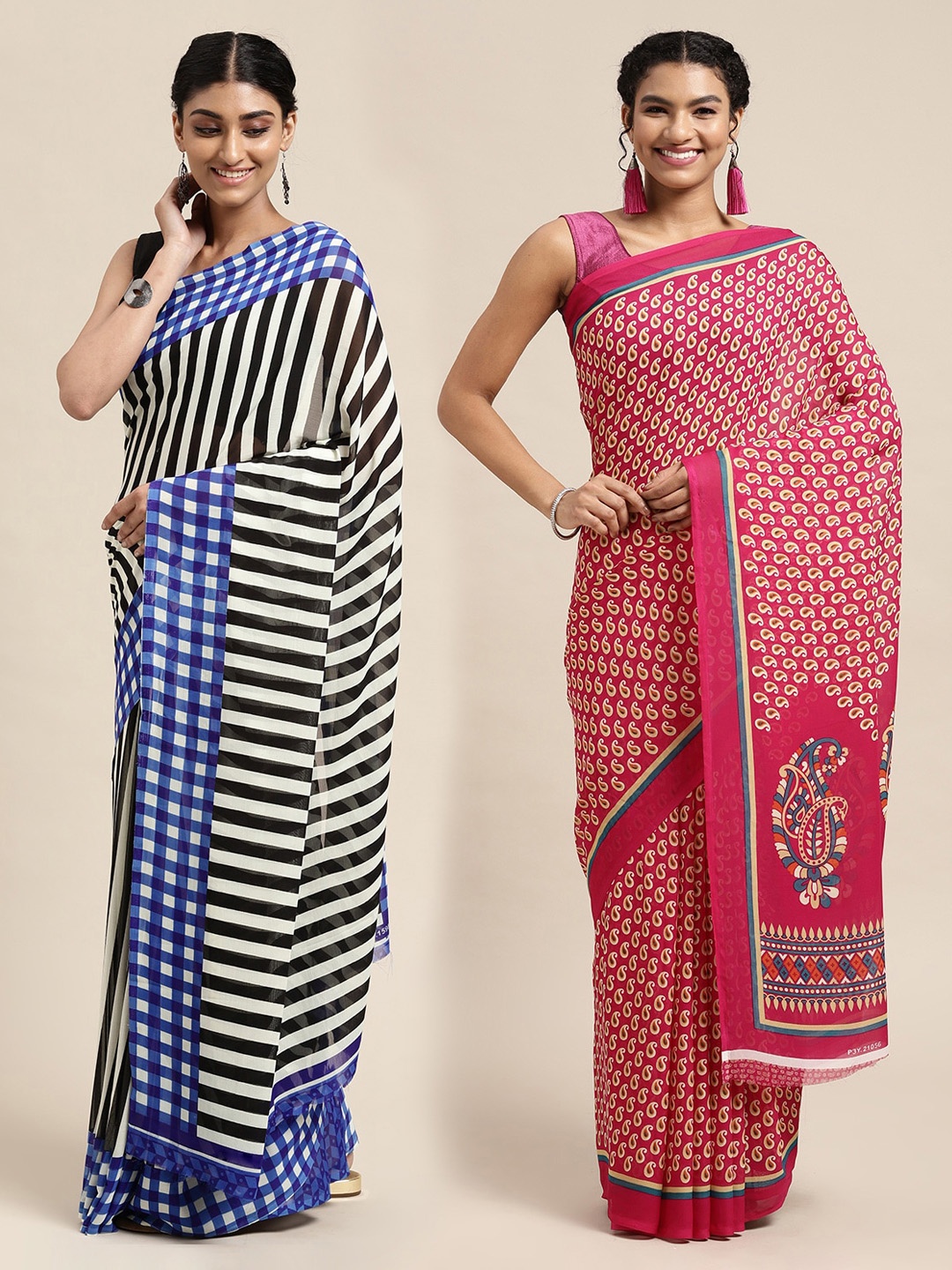 

KALINI Pack of 2 Striped Sarees, Pink