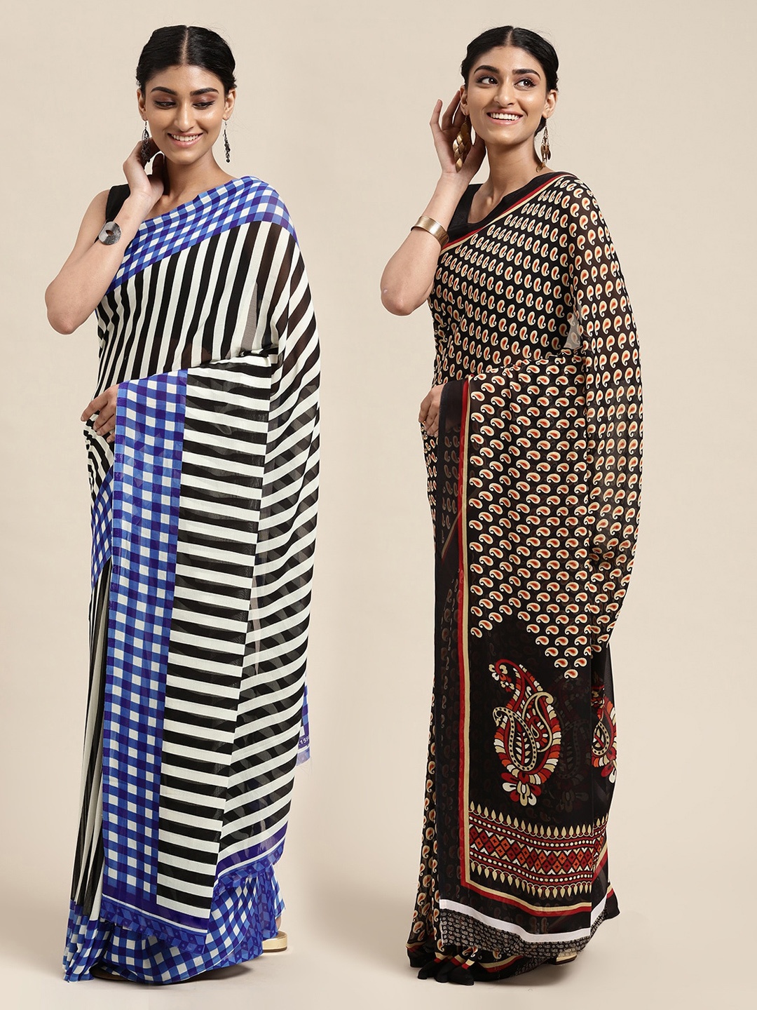 

KALINI Pack of 2 Pailsey Print Sarees, Black