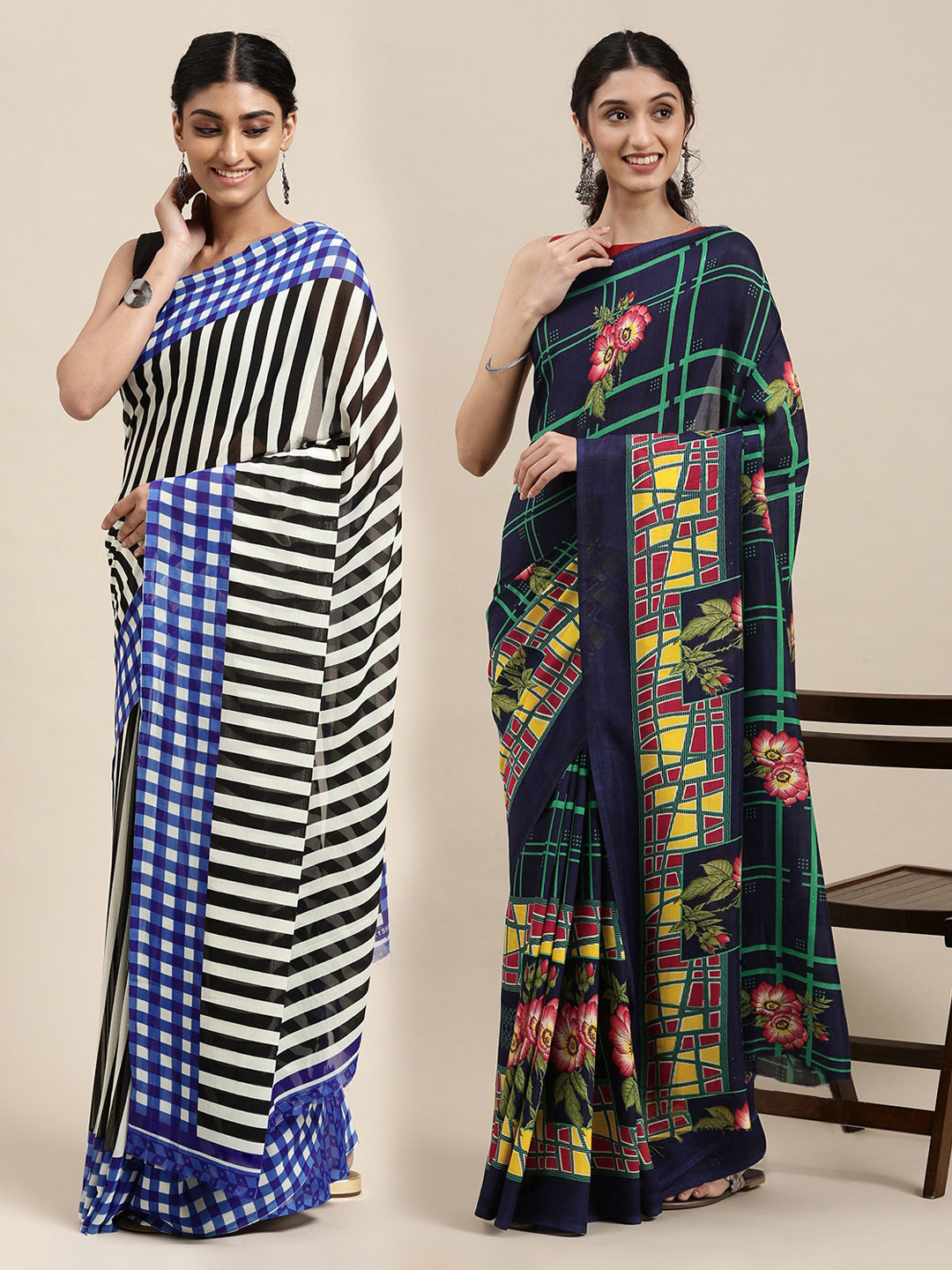 

KALINI Set of 2 Poly Georgette Saree, Navy blue