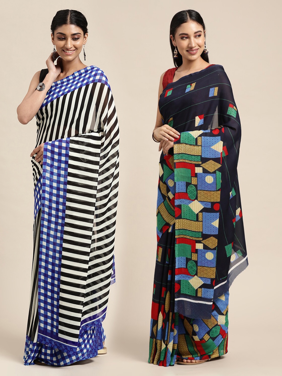 

KALINI Pack of 2 Printed Sarees, Navy blue
