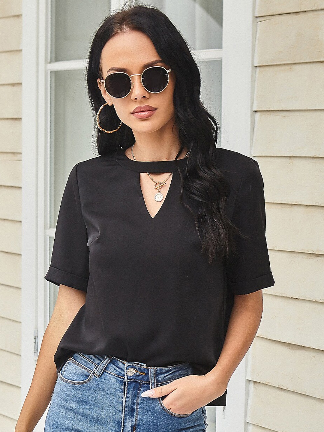 

BoStreet Women Black Keyhole Neck Top