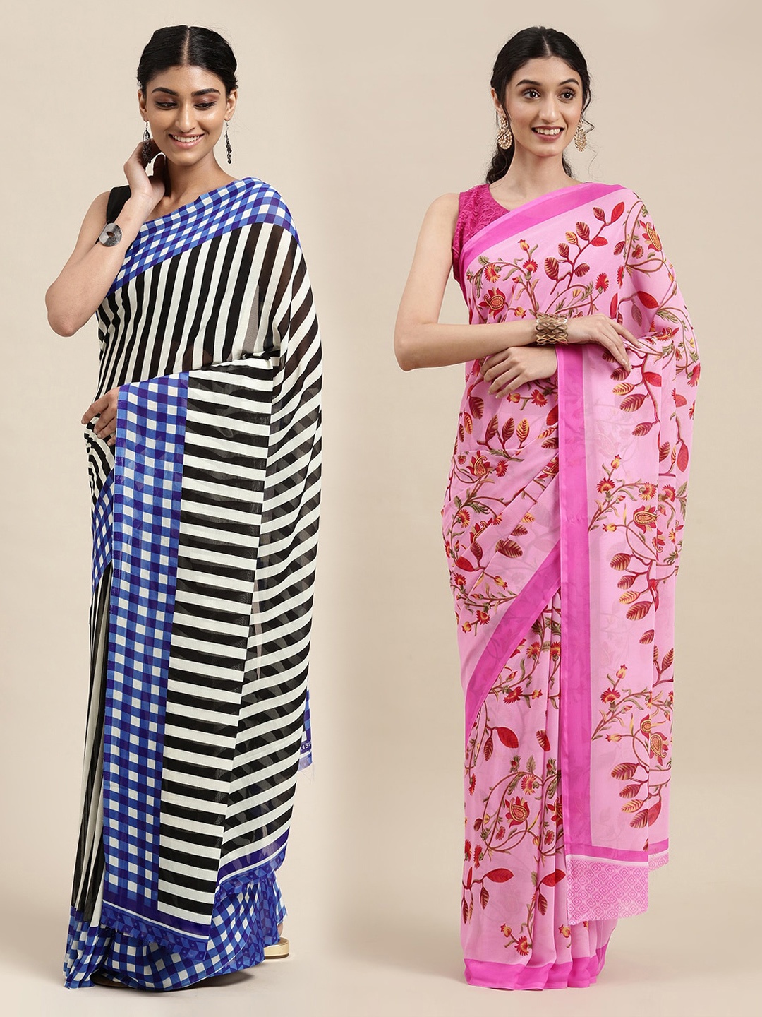 

KALINI Black & Pink Set of 2 Poly Georgette Sarees