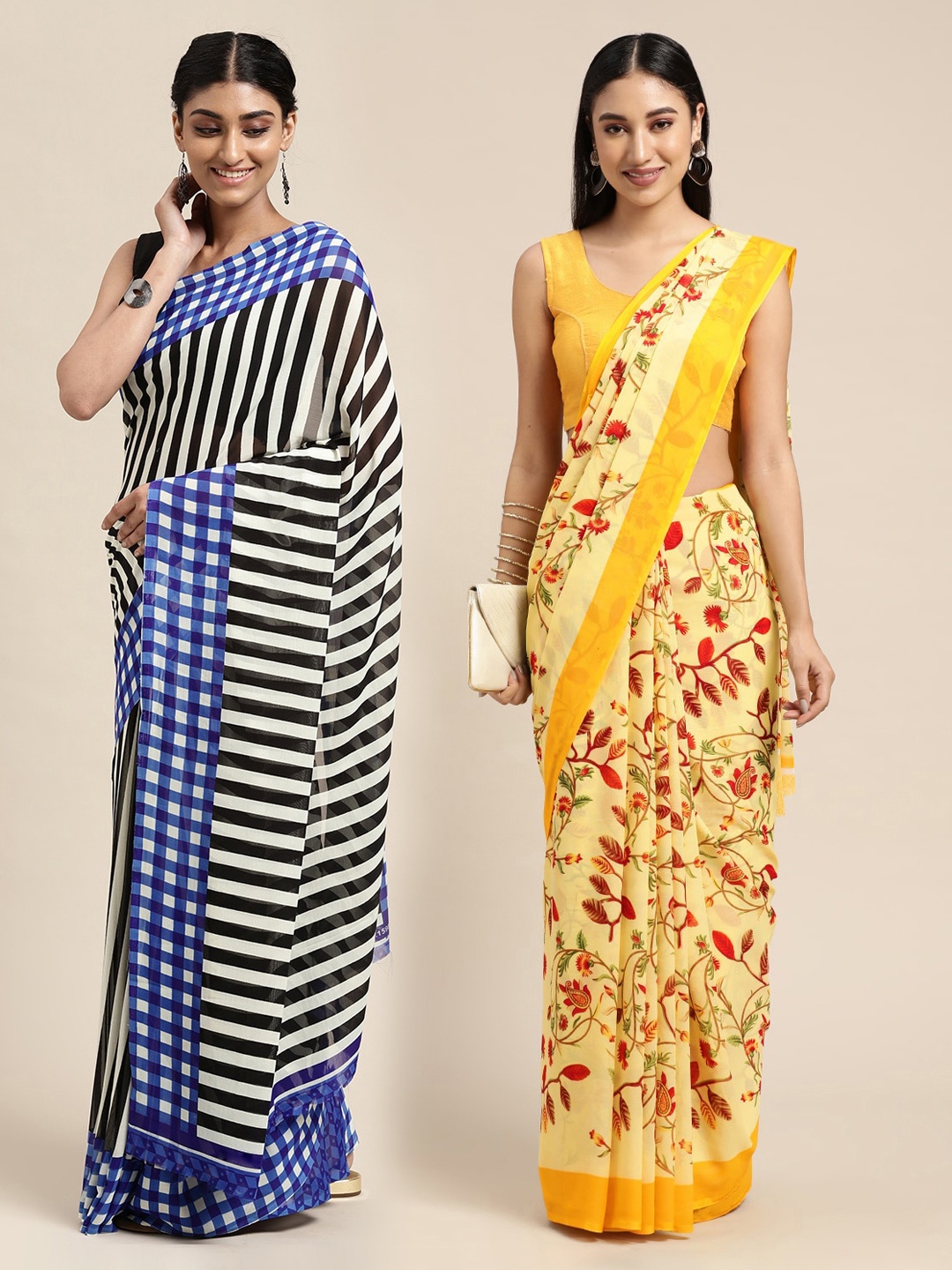 

KALINI Pack of 2 Floral Printed Sarees, Yellow