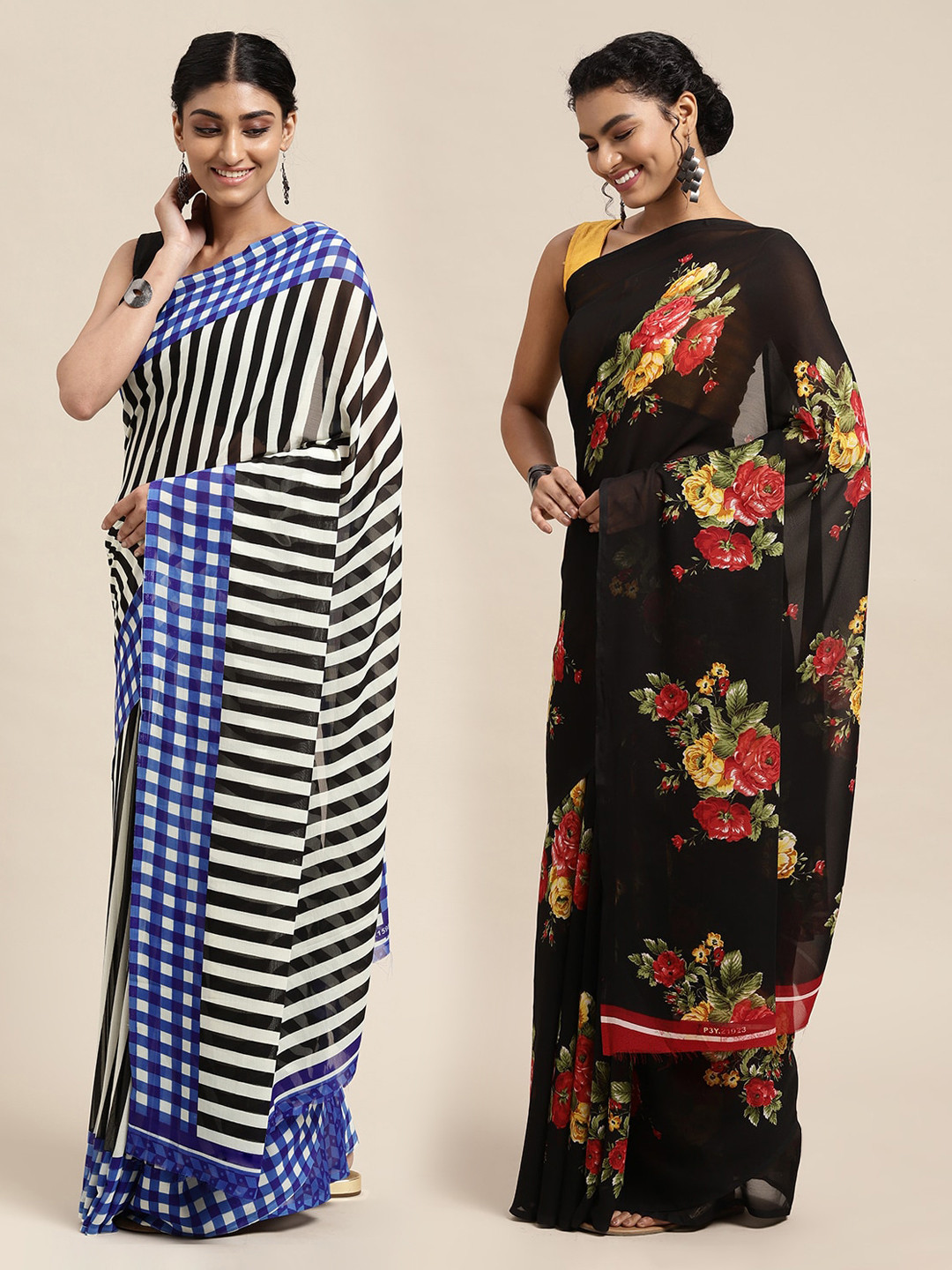 

KALINI Pack of 2 Printed Sarees, Black
