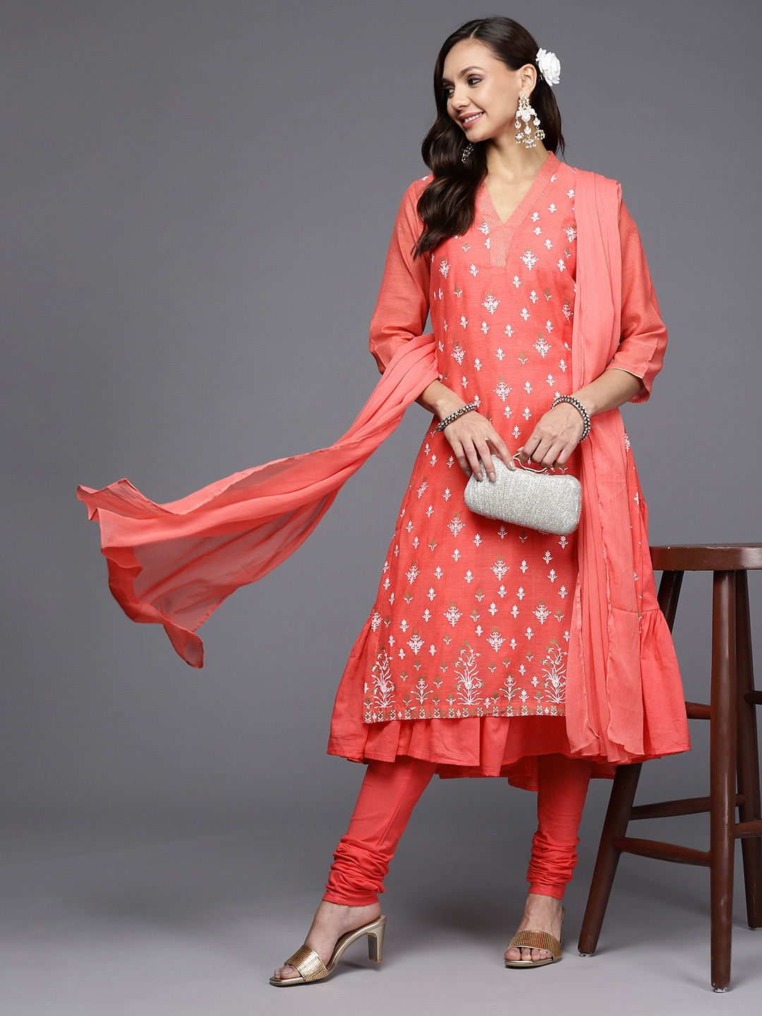 

Biba Women Coral Pink Floral Printed Empire Sequinned Kurta with Churidar & With Dupatta