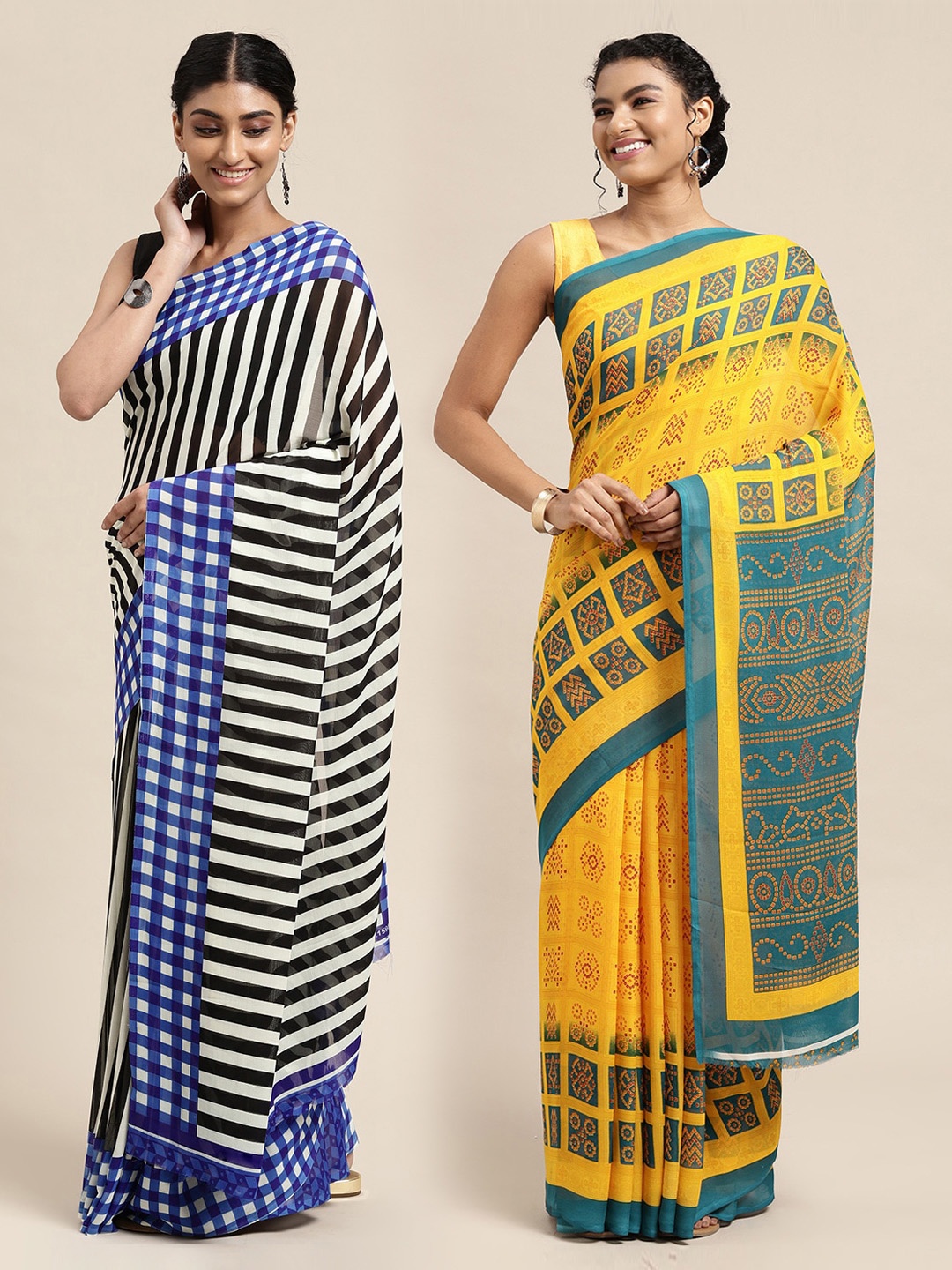 

KALINI Pack of 2 Printed Sarees, Yellow