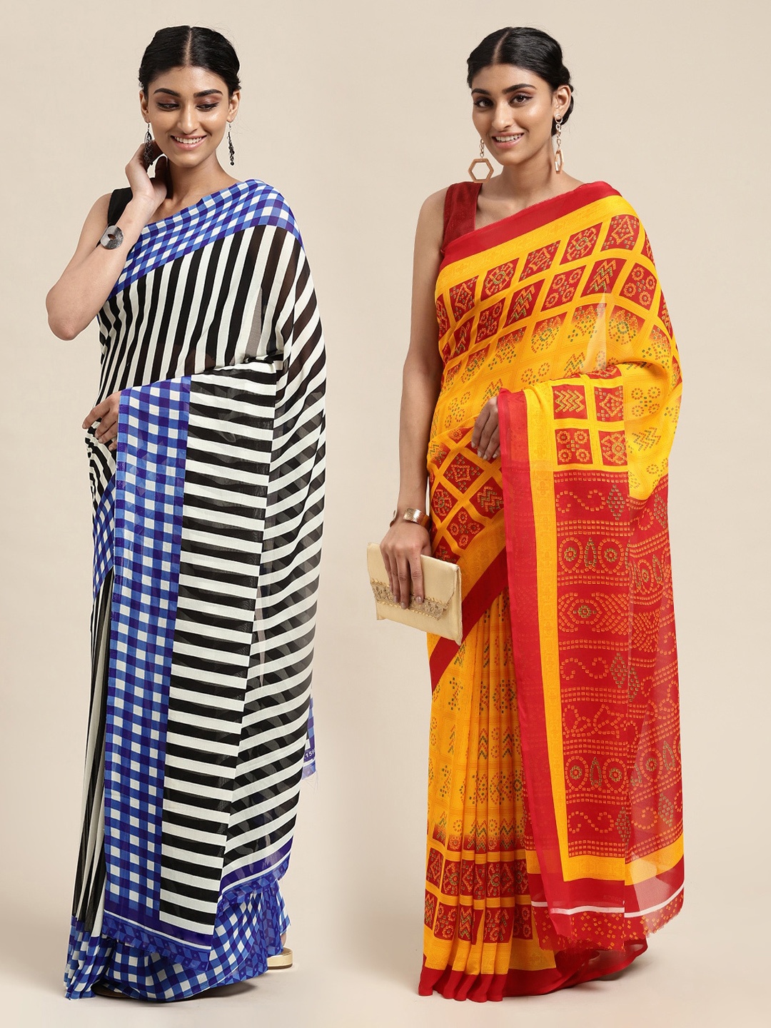 

KALINI Pack Of 2 Printed Poly Georgette Sarees, Yellow