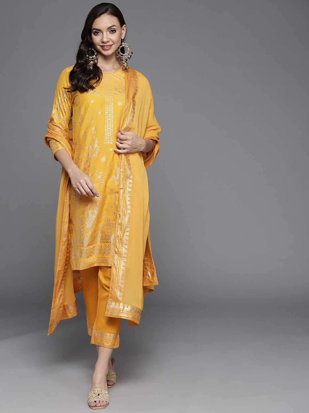 

Biba Women Mustard Yellow & Golden Ethnic Motifs Printed Kurta with Trousers & Dupatta