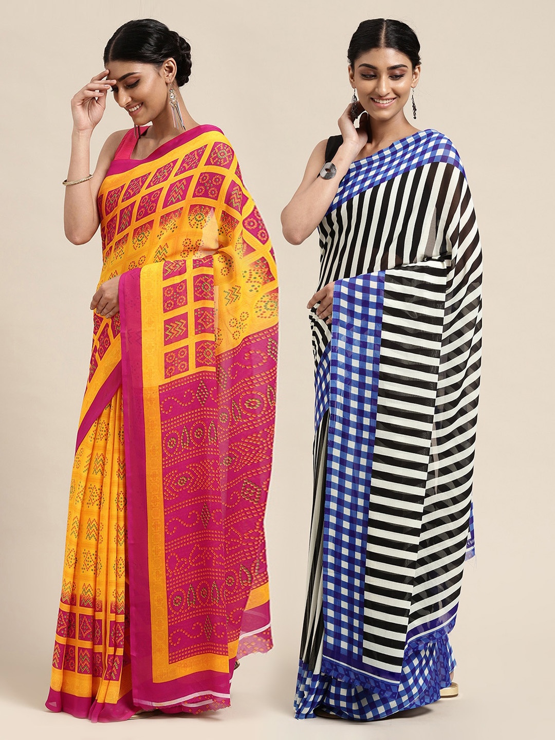 

KALINI Yellow & Blue Set of 2 Poly Georgette Sarees