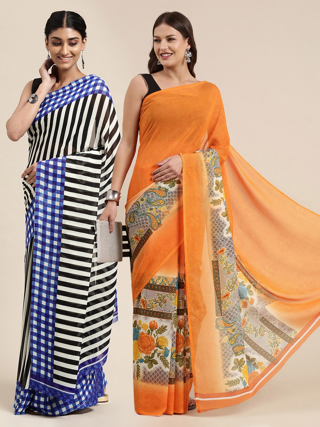 

KALINI Pack of 2 Floral Printed Sarees, Orange