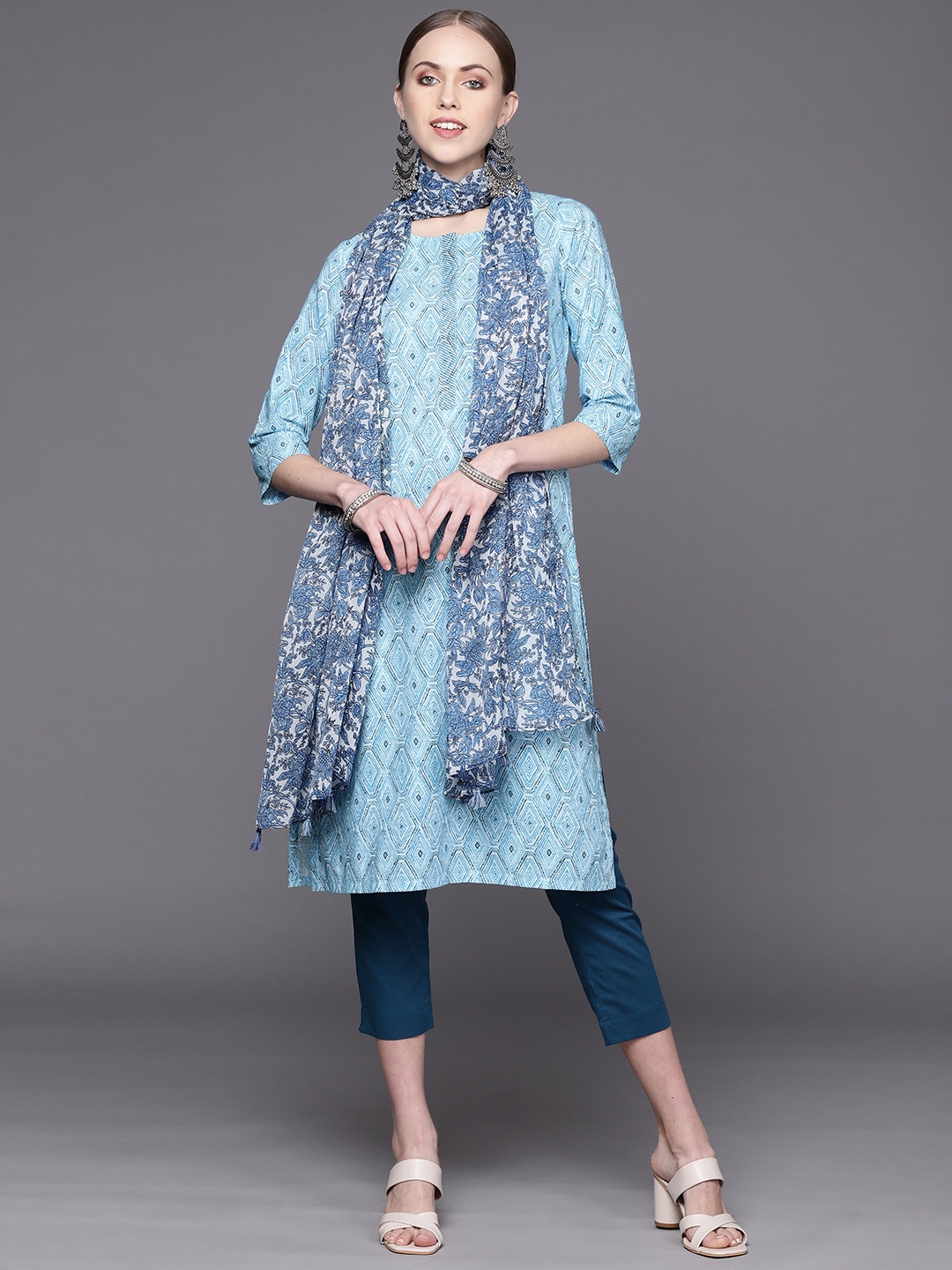 

Biba Women Blue Ethnic Motifs Printed Pure Cotton Kurta with Trousers & Dupatta