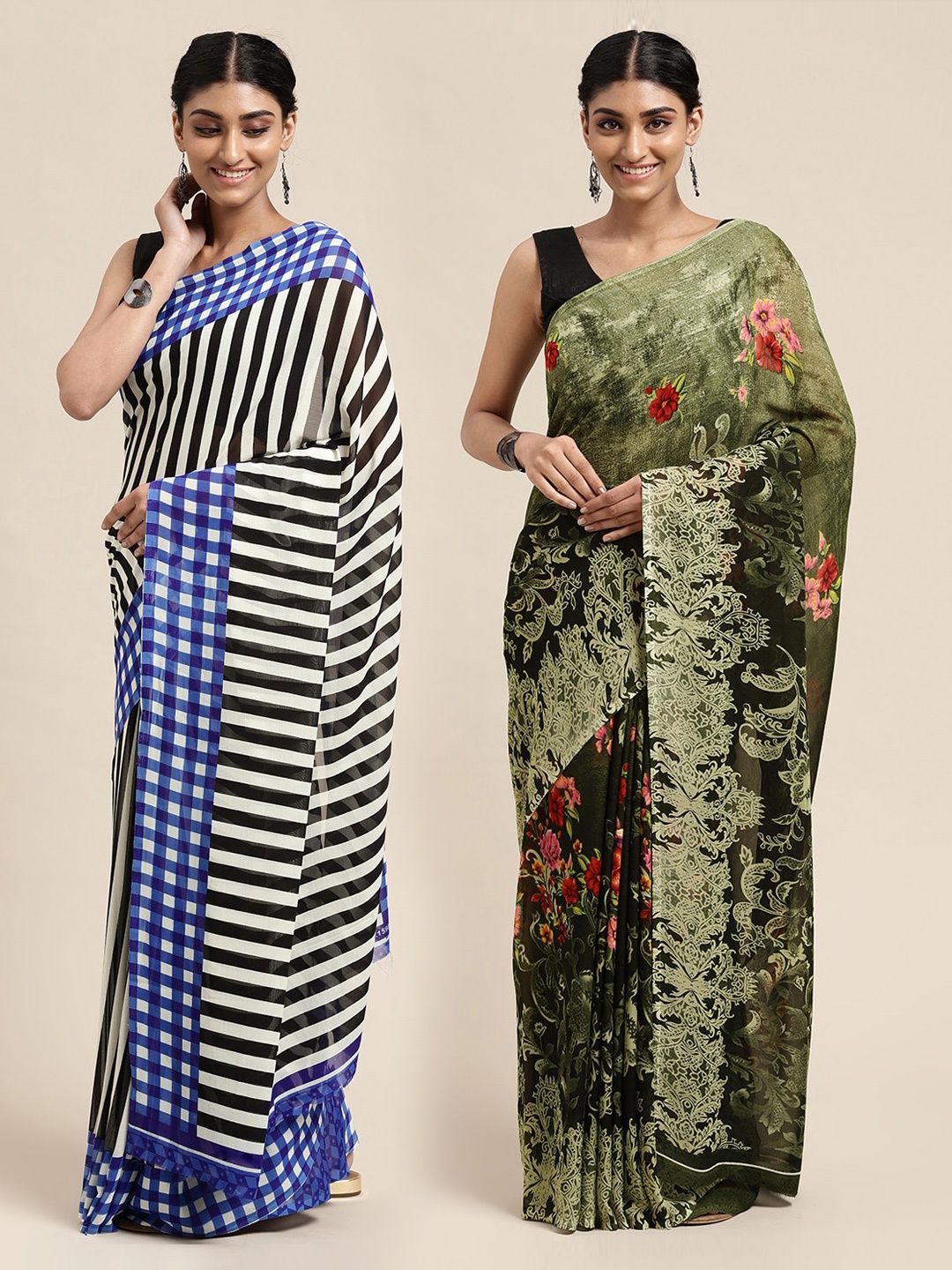 

KALINI Pack of 2 Floral Print Sarees, Green