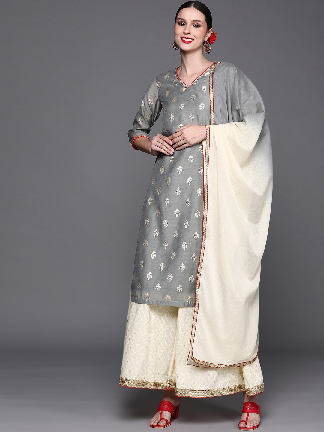 

Biba Women Grey Ethnic Motifs Printed Kurta with Palazzos & With Dupatta