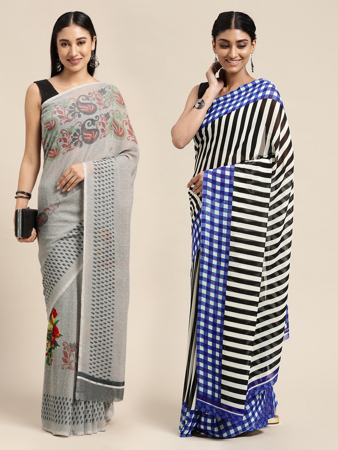 

KALINI Pack of 2 Printed Poly Georgette Sarees, Blue