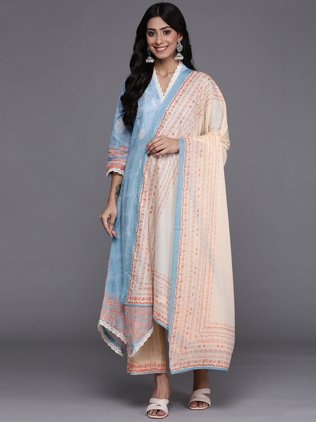 

Biba Women Blue Ethnic Motifs Printed Pure Cotton Kurta with Trousers & With Dupatta