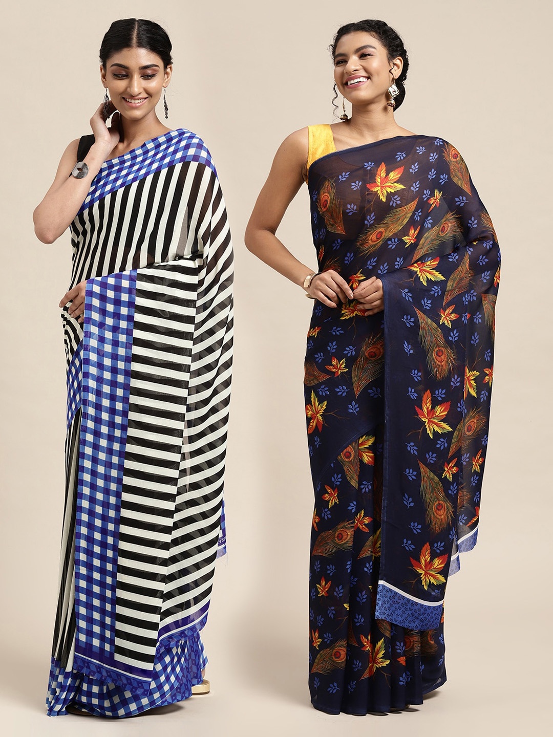 

KALINI Pack Of 2 Printed Poly Georgette Sarees, Navy blue