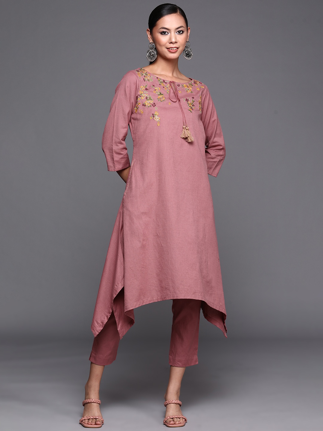 

Biba Women Pink Floral Embroidered Thread Work Pure Cotton Kurta with Trousers