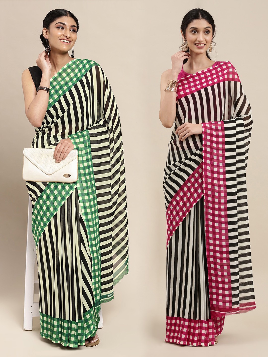 

KALINI Pack of 2 Green & Black Striped Saree