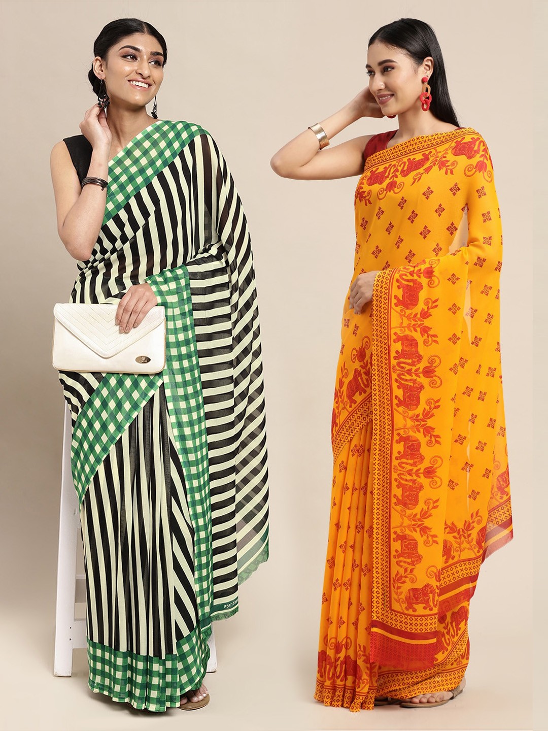 

ANAND SAREES Pack of 2 Striped Sarees, Green