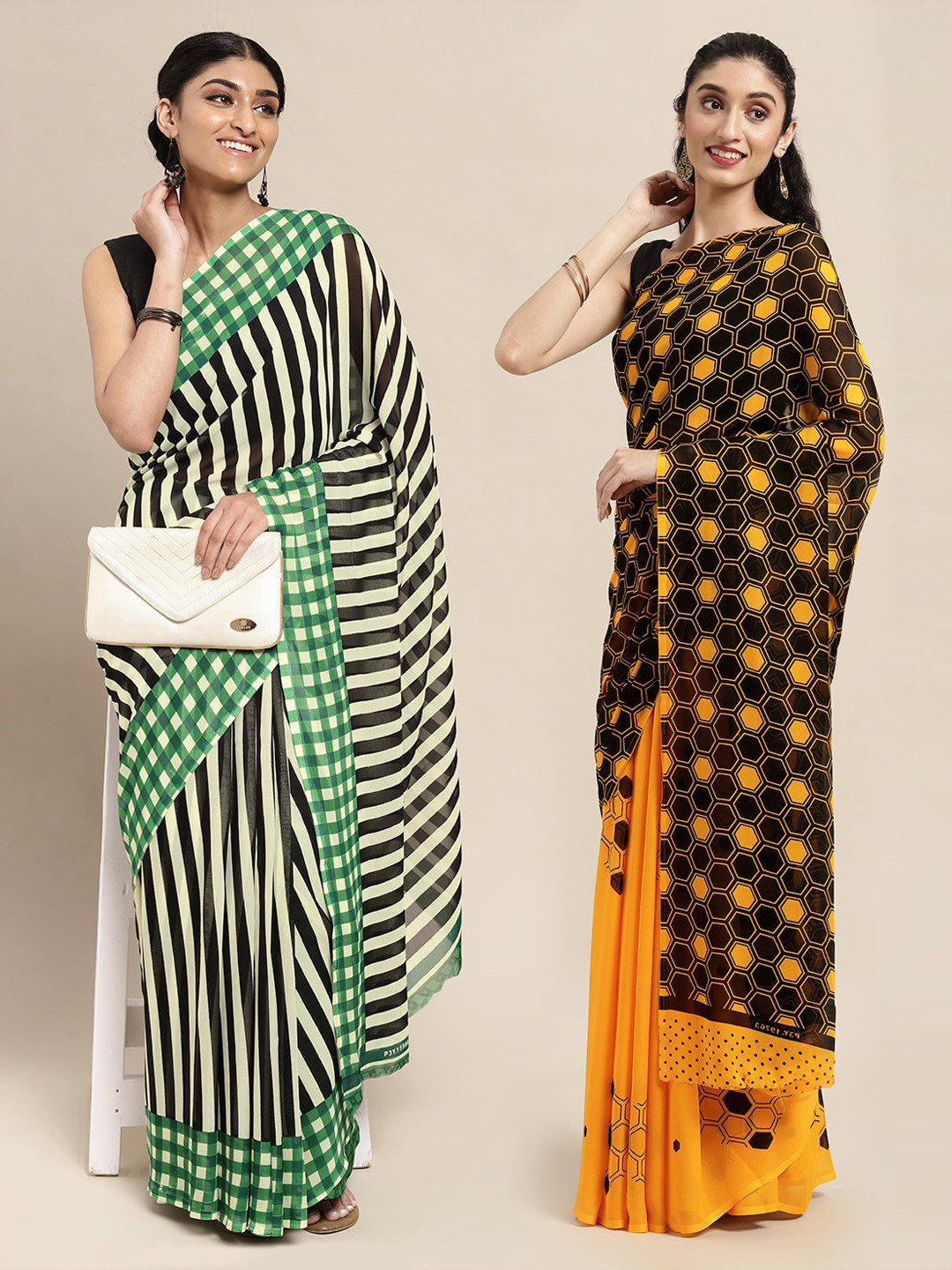 

KALINI Pack of 2 Geometric Print Sarees, Black