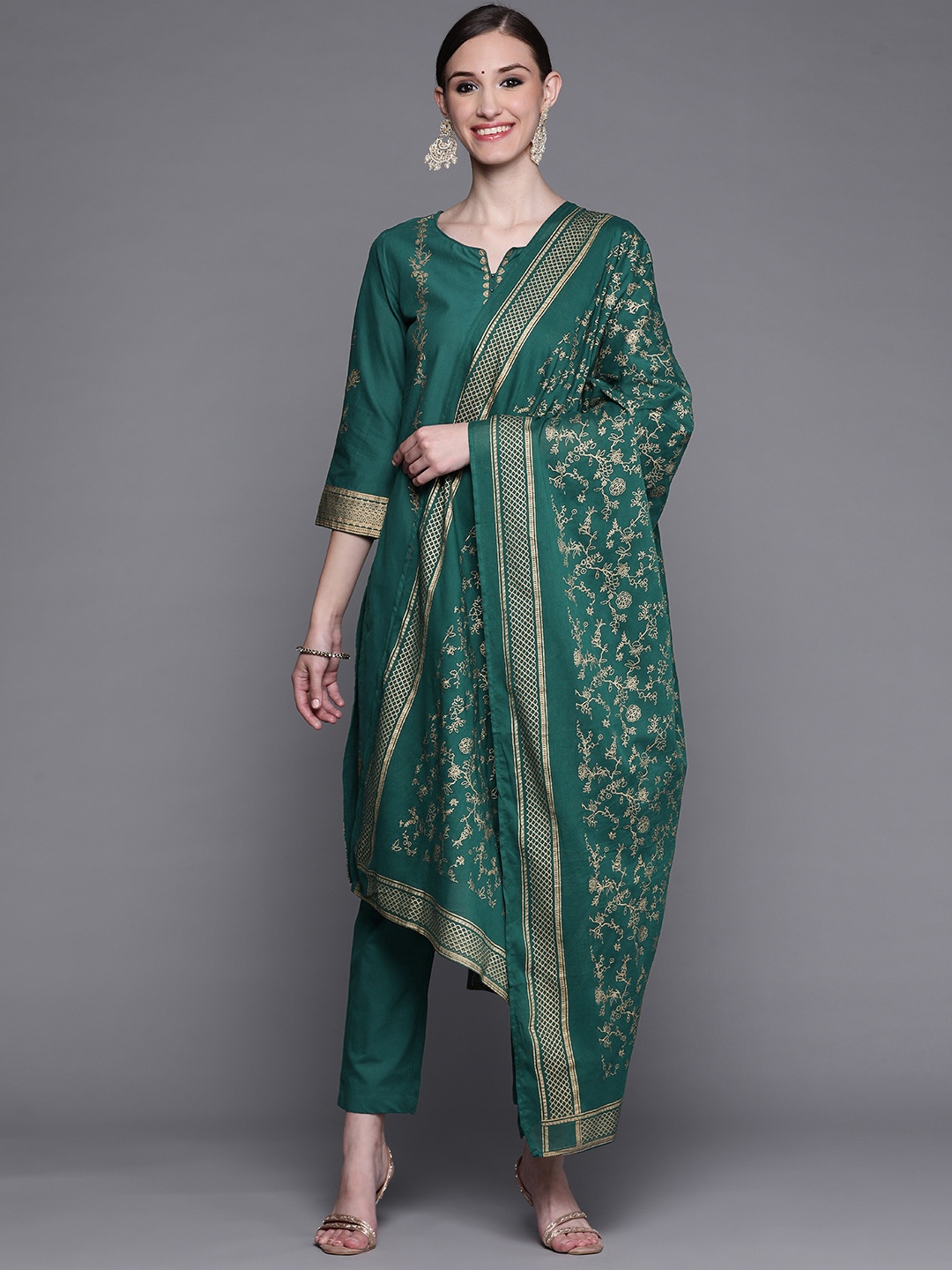 

Biba Women Teal Green Ethnic Motifs Printed Pure Cotton Kurta with Trousers & With Dupatta