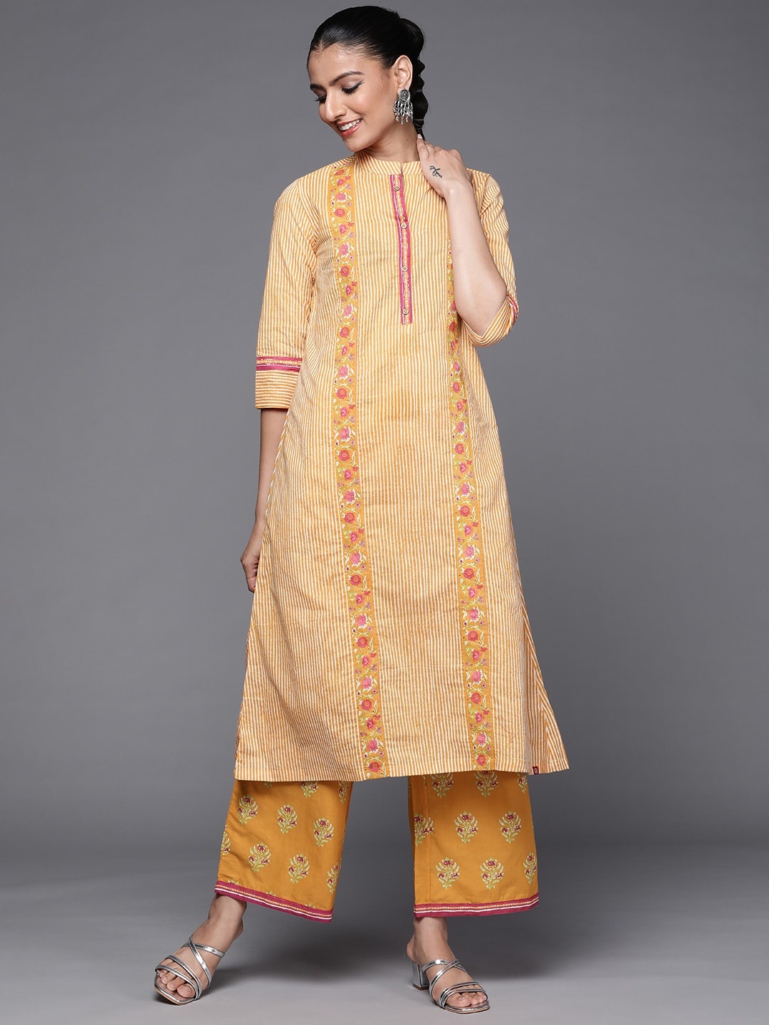 

Biba Women Mustard Yellow & White Striped Pure Cotton Kurta with Palazzos