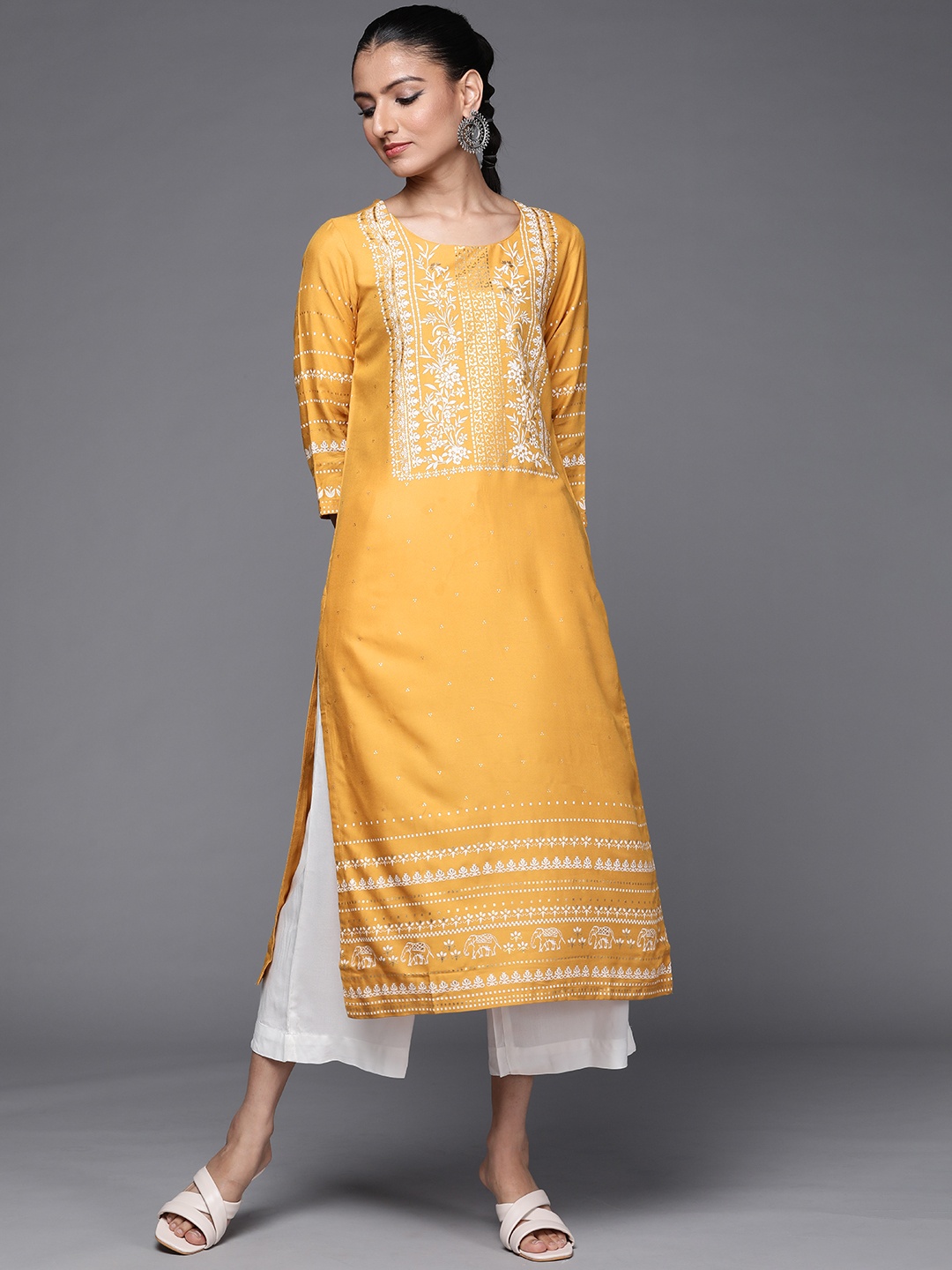 

Biba Women Mustard Yellow Ethnic Motifs Printed Kurta with Palazzos